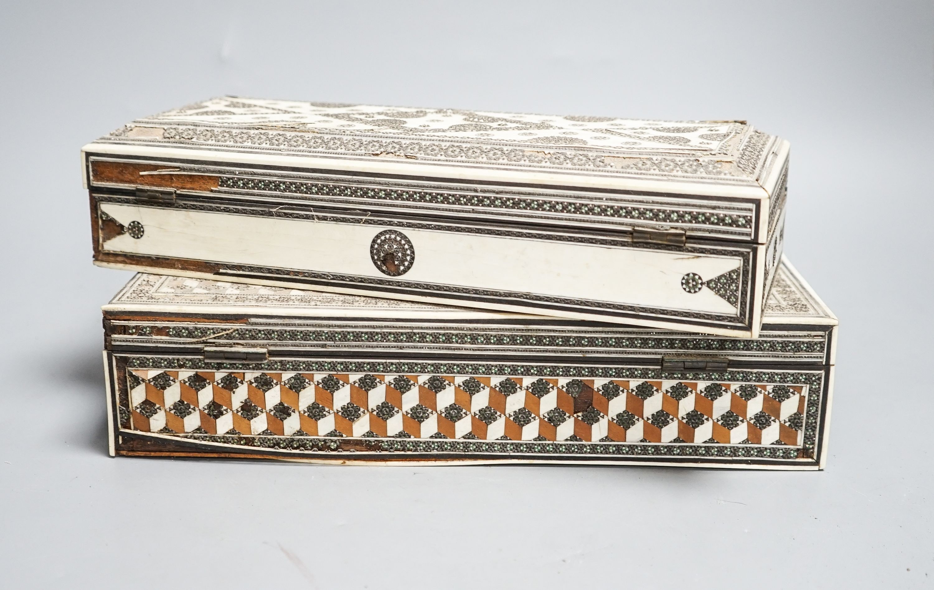 Two 19th century Indian ivory and sadeli work veneered sandalwood glove boxes (af)